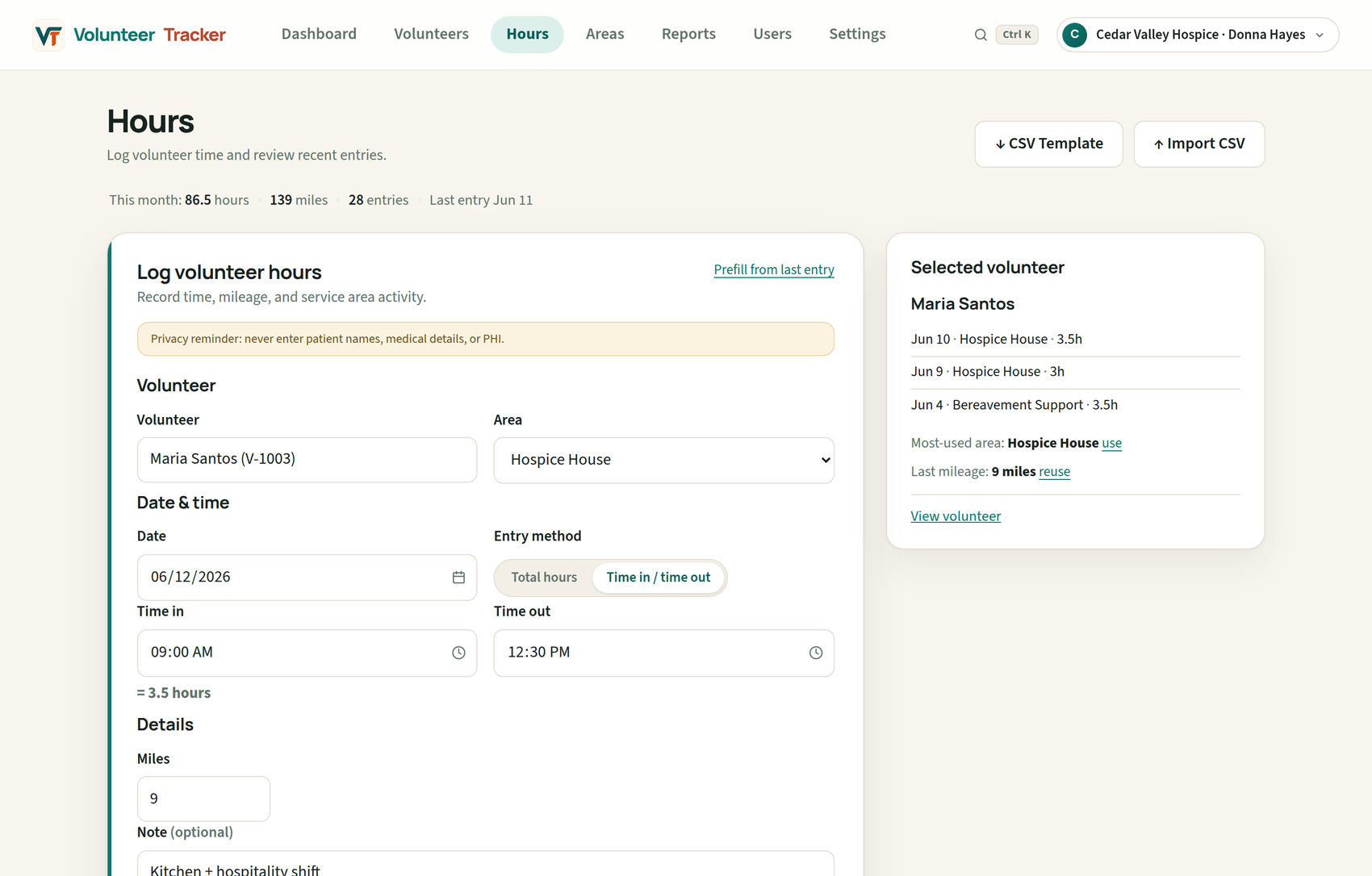 Volunteer Ledger hour entry form with time in and time out auto-calculating 3.5 hours, and a selected-volunteer context panel showing recent entries