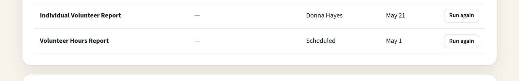 Scheduled reports panel in Volunteer Ledger showing a monthly hours report and a quarterly recognition report emailed automatically to leadership